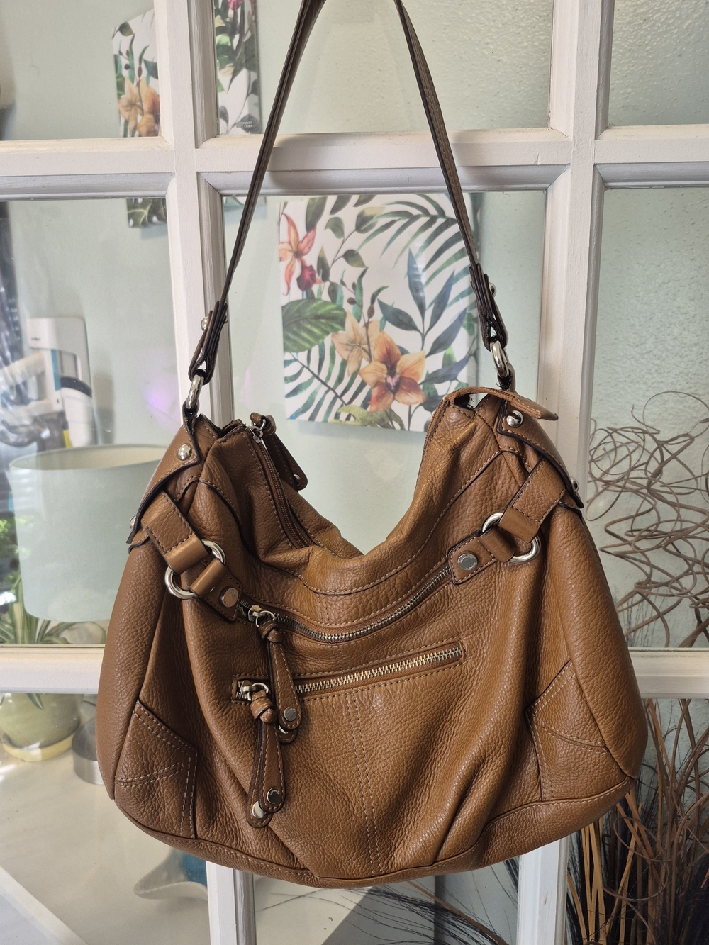 Tignanello Cognac Brown Pebbled Leather Hobo Bag